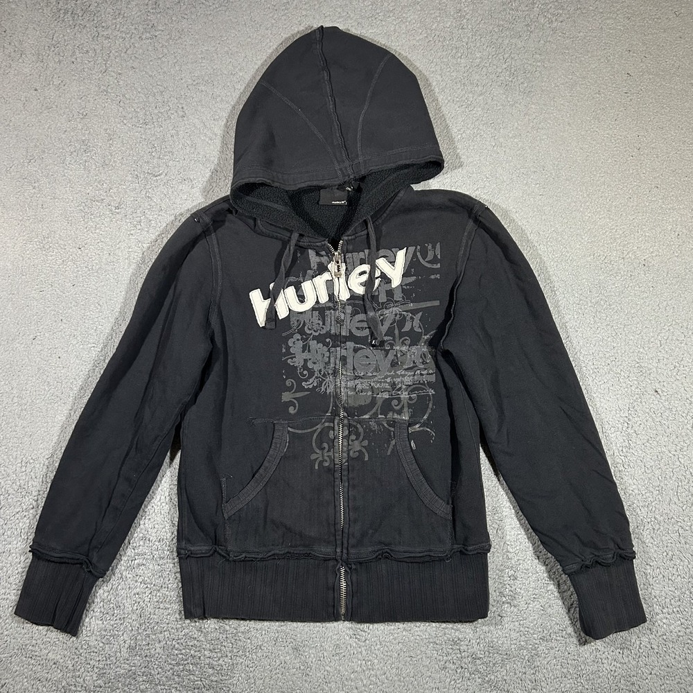 Y2k Hurley Hoodie Mens Small Black Full Zip Fleece Script Logo Casual #4037
